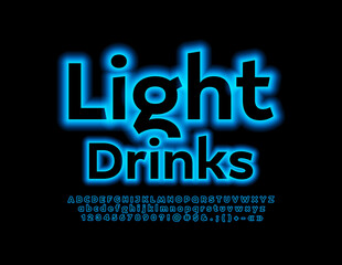Vector neon emblem Light Drinks. Blue glowing Font. Electric set of Alphabet Letters, Numbers and Symbols