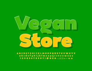 Vector green emblem Vegan Store with Yellow Alphabet Letters, Numbers and Symbols set. Modern sticker Font