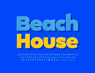Vector travel banner Beach House. Blue sticker Font. Modern Alphabet Letters, Numbers and Symbols set