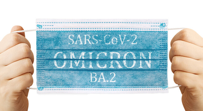 Face masks with inscriptions SARS COV 2 Omicron . Covid 19 alpha, beta, gamma, delta, lambda, mu, omicron, stealth variants outbreak around the world