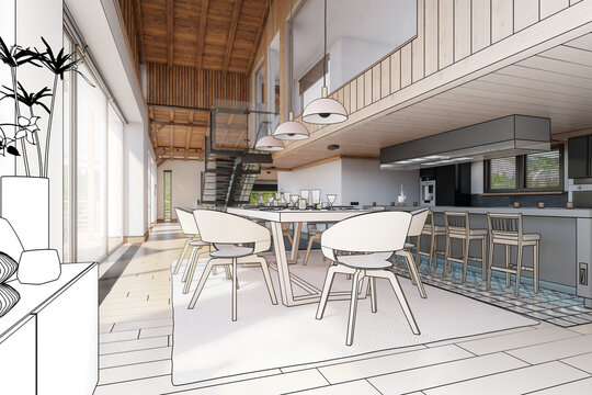 Modern Residential Loft with Dining Room & Kitchen (planning) - 3d visualization