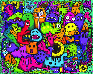 Obraz na płótnie Canvas Hand-drawn Graffiti style Vivid color monsters doodle for Textiles Children's Clothing, t-shirt, skateboard, monster truck Background