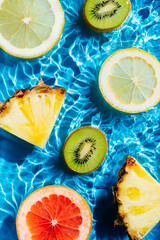 Vertical colorful image of fruit citrus lemon, kiwi, orange, pineapple, grapefruit, lemon, pomelo in water splashing fresh transparent surface with flecks. Flat lay, top view. Summer beach tropical