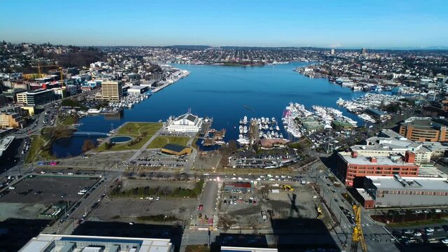 Wide aerial shot of Seattle's Lake Union neighborhood in 2017 prior to Google's headquarter location being built.