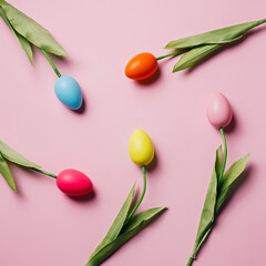 Pattern made with tulip flowers with colorful eggs as buds on pastel pink background. Creative Easter floral spring bloom concept. Still life natural visual trend idea. Flat lay texture.