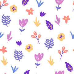 Obraz premium Flowers and herbs seamless pattern. Romantic floral background. Perfect for fabric, packaging, wallpaper, textiles, clothing. Vector cartoon illustration