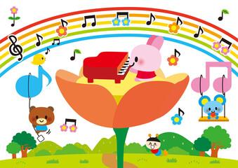 音楽,花,春,ピアノ,音符,音,虹,かわいい,ウサギ,クマ,ネズミ,昆虫,五線譜,芋虫,ひよこ,笑顔,楽器,３月,４月,鳥,なかよし,メルヘン,嬉しい,楽しい,種,喜び,自然,あたたかい,開花,動物,キャラクター,演奏,ラブリー,幼児向け,ポップ,イラスト,子供向け © 満載