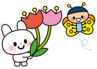 春,花,蝶,チューリップ,4月,3月,動物,ウサギ,ゆるい,ファンシー,ラブリー,デフォルメ,笑顔,幼児向け,ポップ,キャラクター,かわいい,子供向け,イラスト