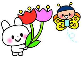春,花,蝶,チューリップ,4月,3月,動物,ウサギ,ゆるい,ファンシー,ラブリー,デフォルメ,笑顔,幼児向け,ポップ,キャラクター,かわいい,子供向け,イラスト