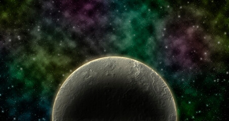 Fototapeta na wymiar Dead moon in colorful deep space