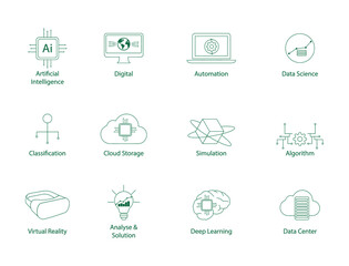 artificial intelligence, digital, automation, data science, classification, cloud storage, simulation, algorithm, virtual reality, deep learning, data center machine learning icon set