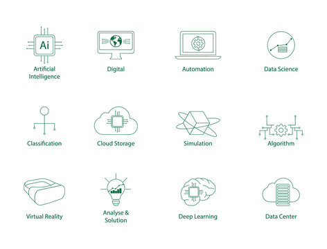 artificial intelligence, digital, automation, data science, classification, cloud storage, simulation, algorithm, virtual reality, deep learning, data center machine learning icon set