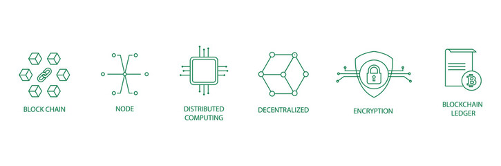Blockchain, node, distributed computing, decentralized, encryption, blockchain ledger line icon set vector