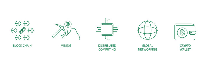 Blockchain, mining, distributed computing, global network, crypto wallet line icon set vector 