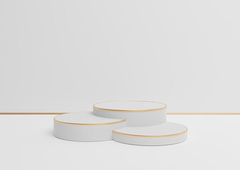 White, light gray, black and white 3D rendering simple product display with three podiums or stand with golden line minimal background composition for luxurious products