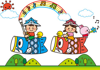 こどもの日,こいのぼり,春,子供,５月,音楽,音符,乗り物,５月５日,保育園,幼稚園,小学生,小学校,学校,こども,鯉のぼり,園児,保育所,5月,年中行事,可愛い,チラシ,5月5日,ゴールデンウィーク,子供の日,行事,仲良し,男の子,女の子,端午の節句,男子,女子,虹,太陽,雲,空,かわいい,動物,ウサギ,幼児,ひよこ,鳥,楽しい,友達,運転,兜,セット,イラスト