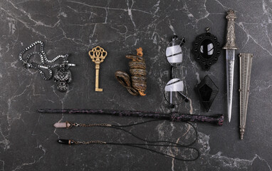 magic wands, magic accessories on a black background
