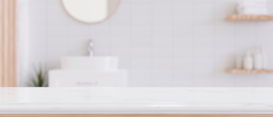 Naklejka na ściany i meble Luxury granite white bathroom countertop with copy space