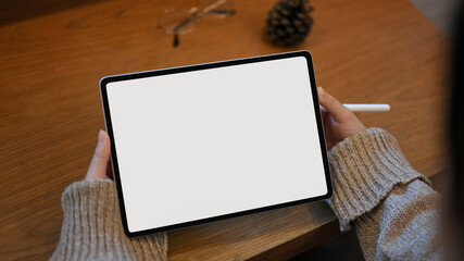 Overhead shot, Young woman hands holding digital tablet