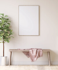 A blank picture frame on beige wall, wooden bench with beautiful throw blanket on the floor next to decor fiddle leaf fig. Background, Mock up, Mockup, Trend, Home, Green living, Poster, 3D render.