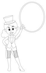 Circus girl hold a hoop black and white doodle character