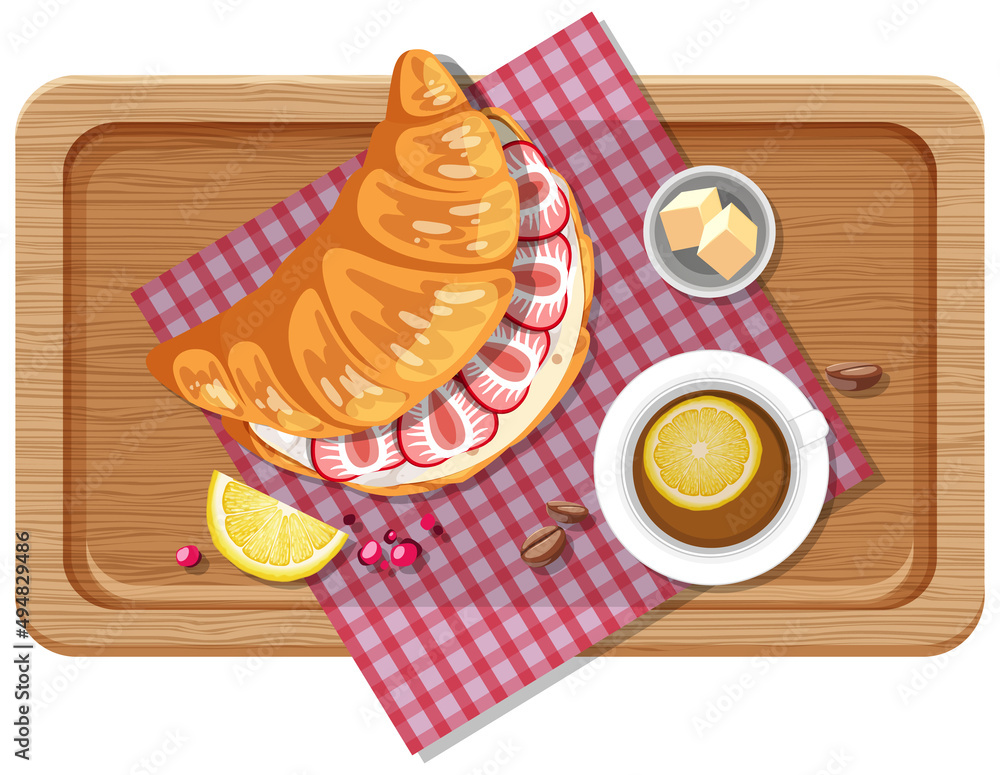 Wall mural top view of breakfast on a wooden tray