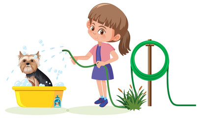 Cartoon girl washing her dog