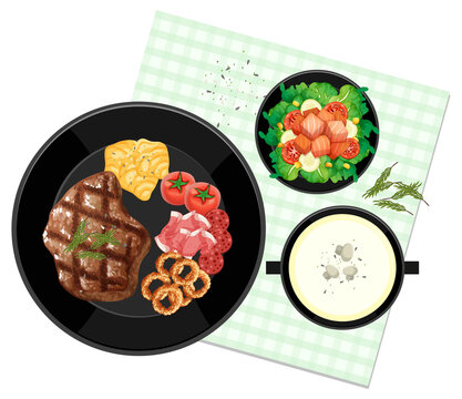 Top view food set, steak and placemat on white background