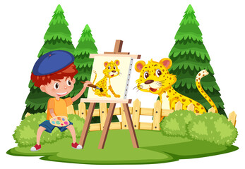 A boy drawing on canvas with tiger