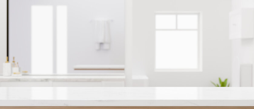 Empty space on modern white tabletop over blurred elegance bathroom background.