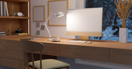 Comfortable and cozy home working room interior with computer mockup