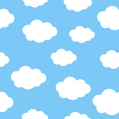 Fototapeta premium Seamless pattern background with White fluffy cartoon clouds on light blue sky. Vector illustration for kids fabric or backdrop.