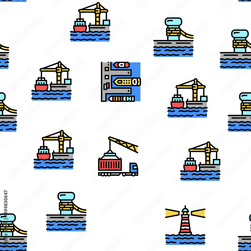 Poster container port tool vector seamless pattern thin line illustration