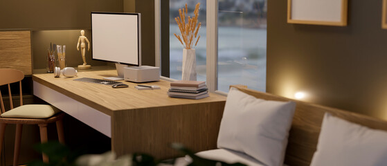 Rear view, Modern comfortable apartment or home workspace in bedroom interior