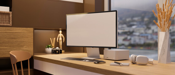 Modern elegance office workspace interior with computer mockup
