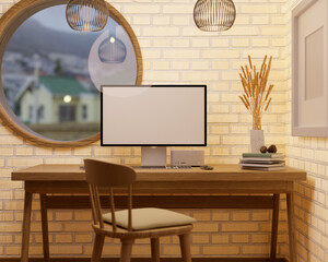 Minimal stylish Scandinavian workspace interior with computer mockup