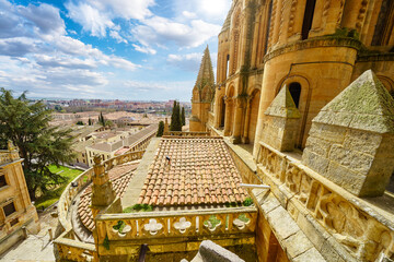 Top view of the towers of the Salamanca cathedral in sunny day.