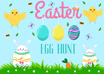 Happy Easter banner with bunny, flowers and eggs.Easter egg hunt poster or invitation template. Vector illustration.