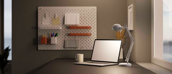 Modern office studio interior with notebook laptop mockup, table lamp