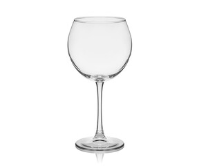 Empty transparent glass cup, shot glass, glass for wine, whiskey, cognac, martini, beer, juice and other drinks, isolated on white background. Dishes for bar, restaurant, pub.