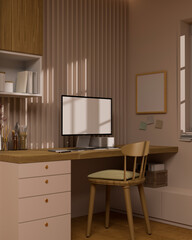Modern feminine home workspace interior with stylish wooden desk