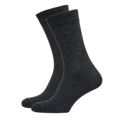 A pair of fabric socks stands on a white isolated background. Volumetric socks on a transparent mannequin. Gray socks.