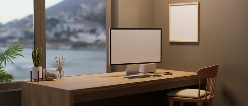 Modern workspace interior background with computer stand on wooden table