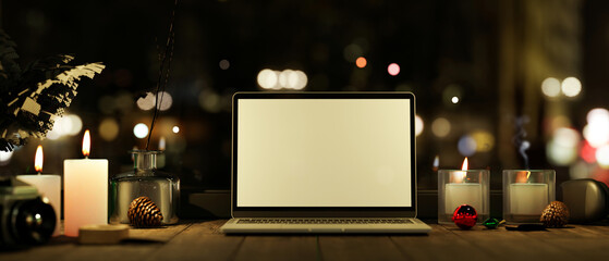 Romantic workspace compositions at night with laptop computer mockup
