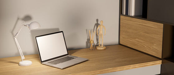 Fototapeta premium Comfortable minimal office desk workspace with portable notebook laptop