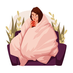 Young girl sitting on the couch wrapped in a blanket and drinking a hot drink. Leisure, rest, coffee, tea, comfort. Women's routine,
everyday life concept. Vector illustration.