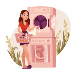 Woman doing laundry. Young girl character loading washing machine. Laundromat, household appliances. Housekeeping concept. Women routine, 
everyday life. Vector illustration.
