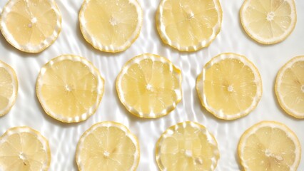Wave flowing on water surface and making ripples over lemon slices arranged in lines on white background | cosmetic background, face oil commercial concept