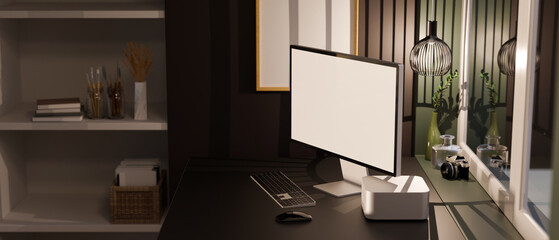 Modern dark office workspace studio interior with pc computer
