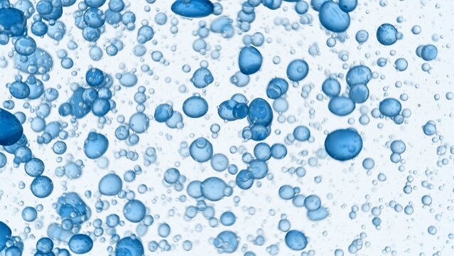 Drops of blue hypochlorous acid are swirling in clear liquid on white background | Abstract body care cosmetics with hypochlorous acid formulating concept
